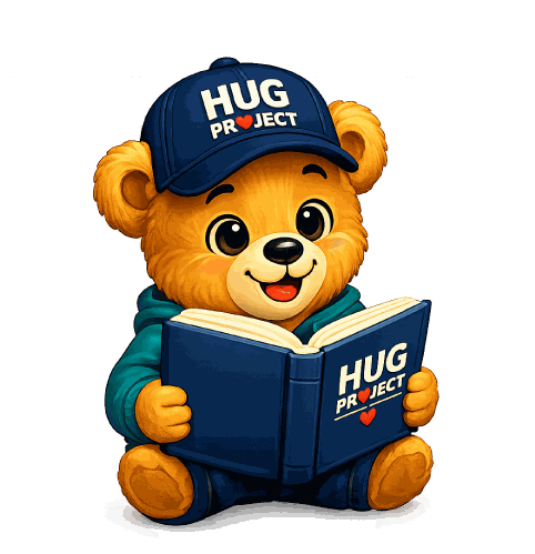 บัดดี้ แบร์ มาสคอตของมูลนิธิ HUG Project นั่งอ่านหนังสือ